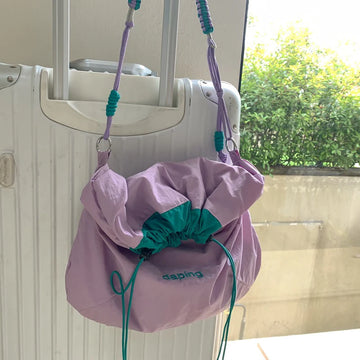 Qfdian Korean Style Solid Color Drawstring Bucket Bag Wrinkle Nylon Crossbody with Large Capacity And Adjustable Shoulder Strap